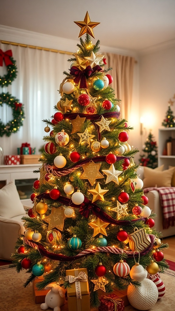 Creative Christmas Tree Decoration Ideas for 2024 A decorated Christmas tree with lights and ornaments in a festive living room.